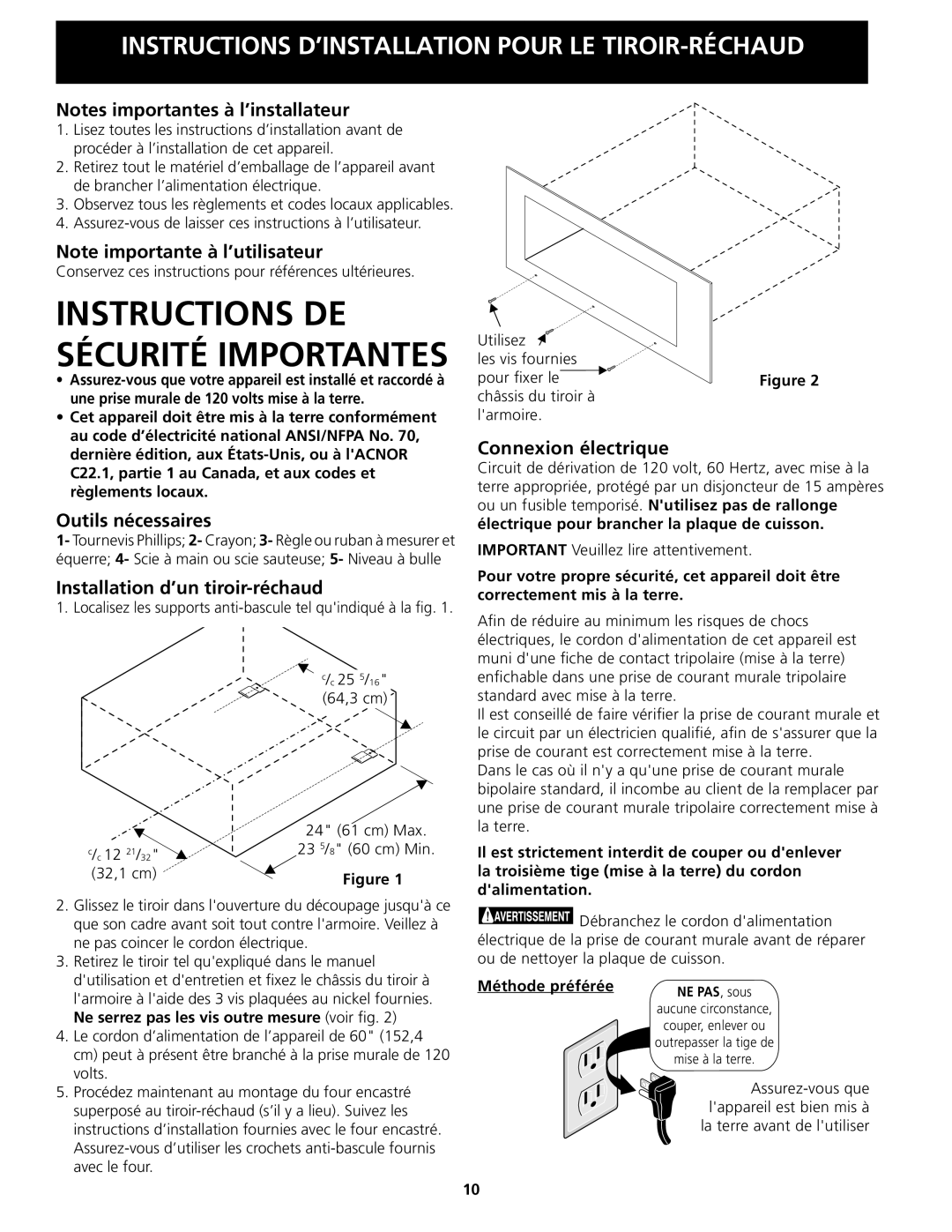 Frigidaire 318201822 Outils nécessaires, Installation d’un tiroir-réchaud, Connexion électrique, Méthode préférée 