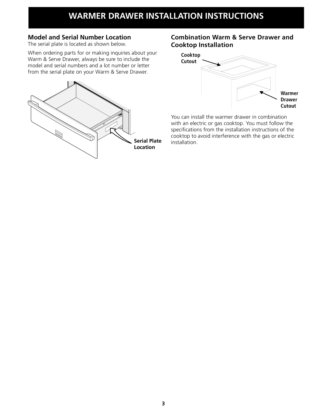 Frigidaire 318201822 Model and Serial Number Location, Combination Warm & Serve Drawer and Cooktop Installation 