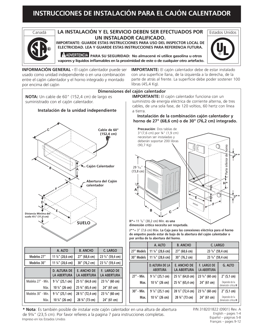 Frigidaire 318201822 installation instructions Instalación de la unidad independiente, Suelo 