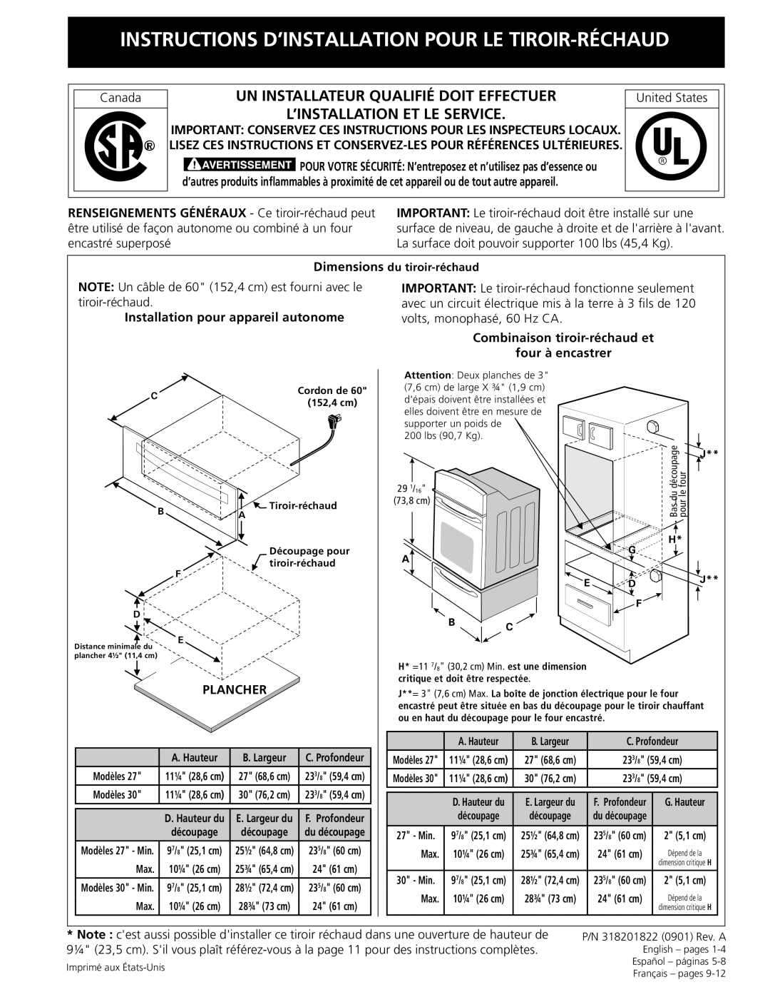 Frigidaire 318201822 Renseignements généraux Ce tiroir-réchaud peut, Installation pour appareil autonome, Plancher 