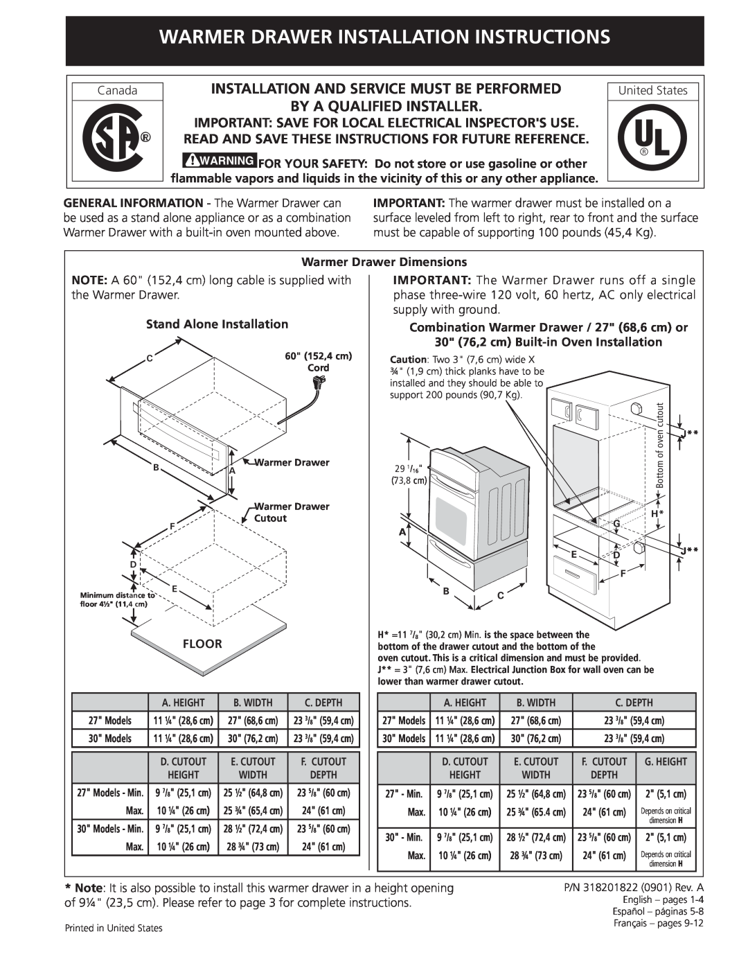 Frigidaire 318201822 installation instructions Warmer Drawer Installation Instructions, By A Qualified Installer 