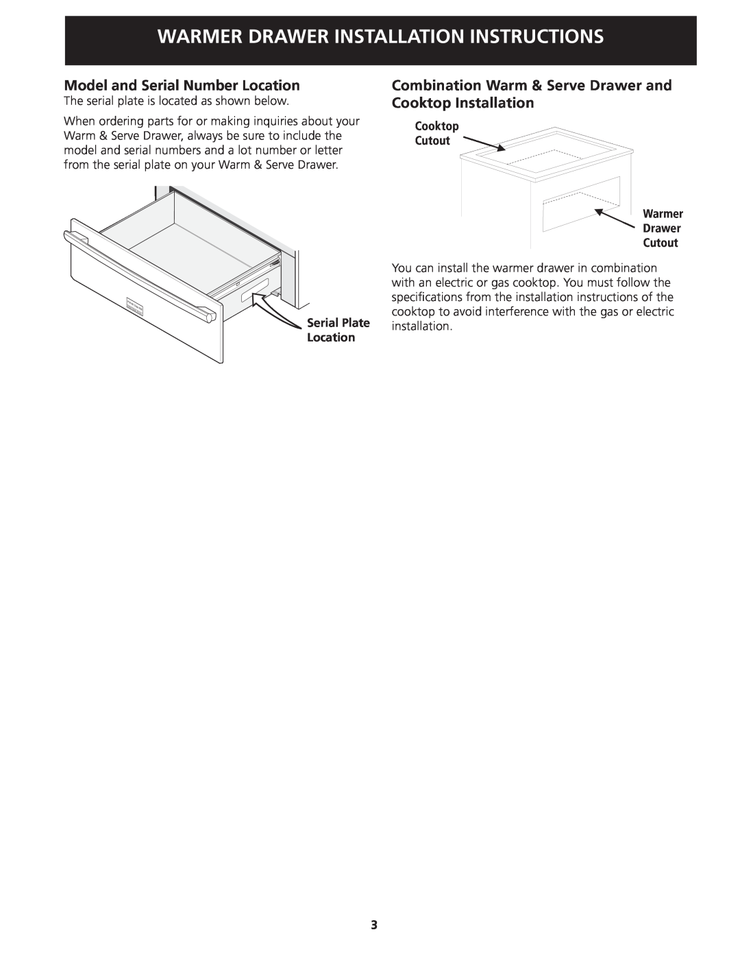 Frigidaire 318201822 Model and Serial Number Location, Warmer Drawer Installation Instructions, Serial Plate Location 