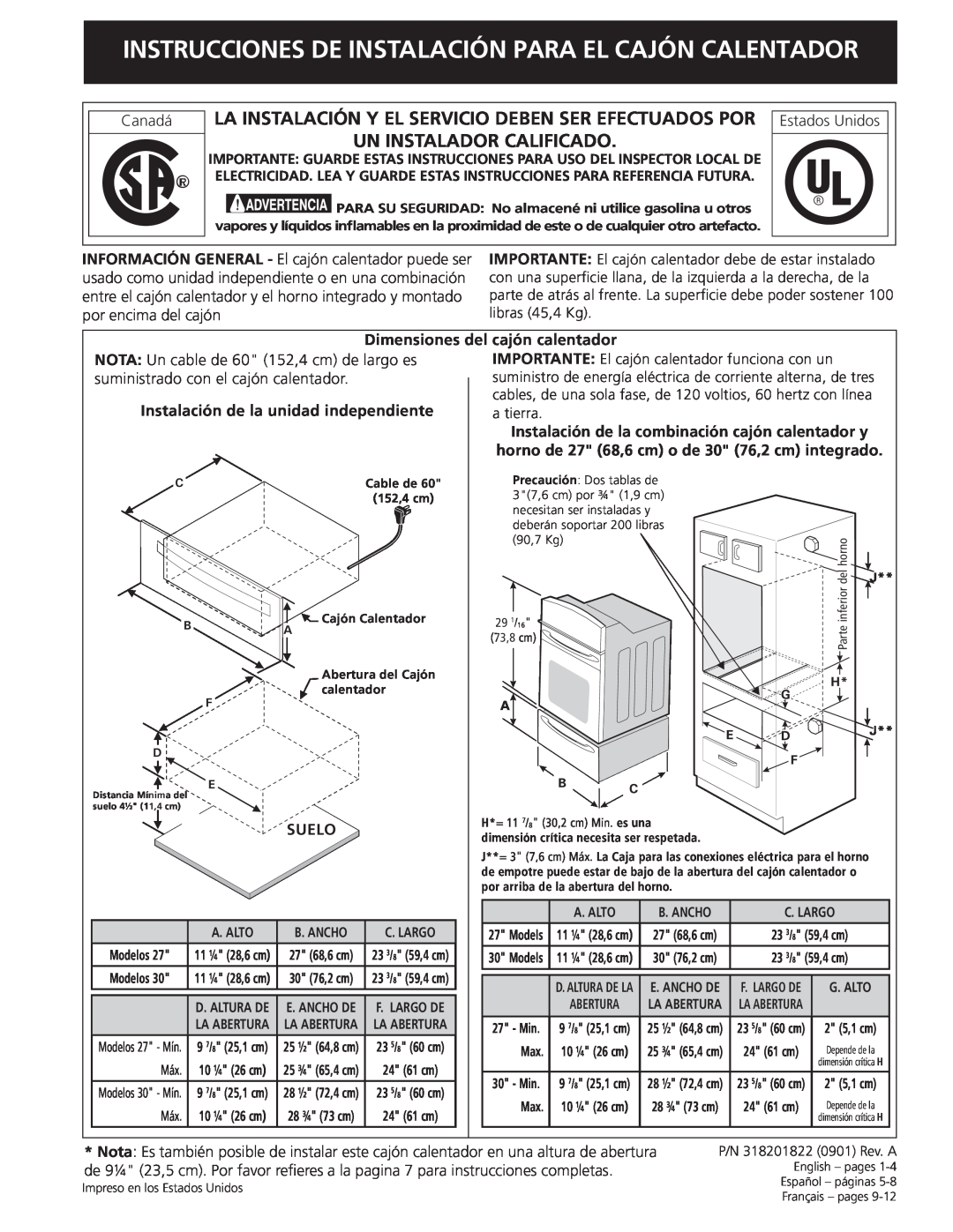 Frigidaire 318201822 installation instructions Un Instalador Calificado 