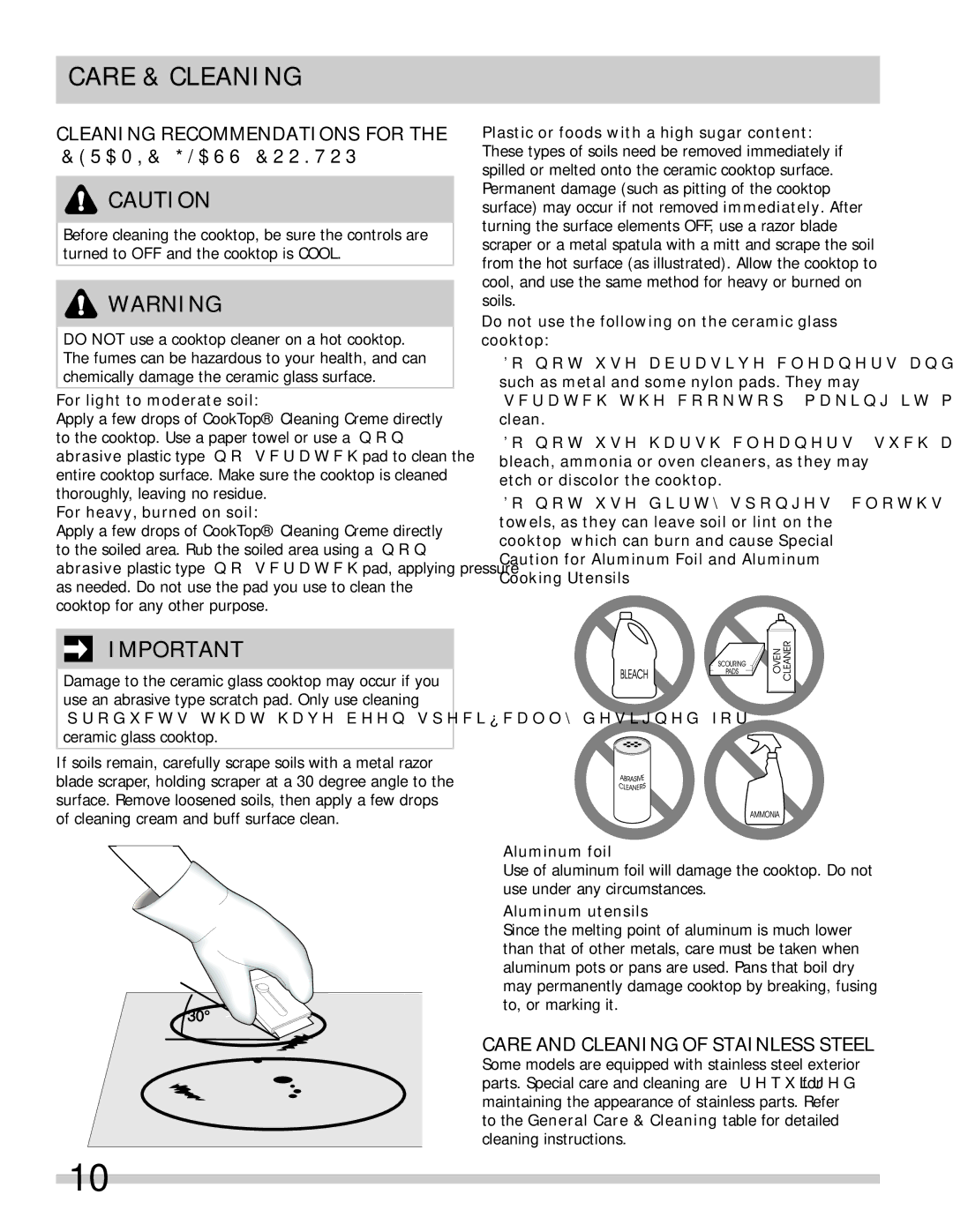 Frigidaire 318203658 Cleaning Recommendations for the Ceramic Glass Cooktop, Care and Cleaning of Stainless Steel 