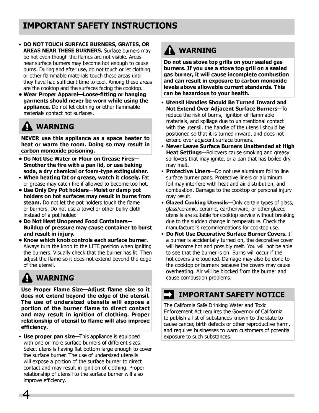 Frigidaire FGGC3065KS, 318203658, FGGC3665KB, FGGC3065KW, FGGC3665KS important safety instructions Important Safety Notice 