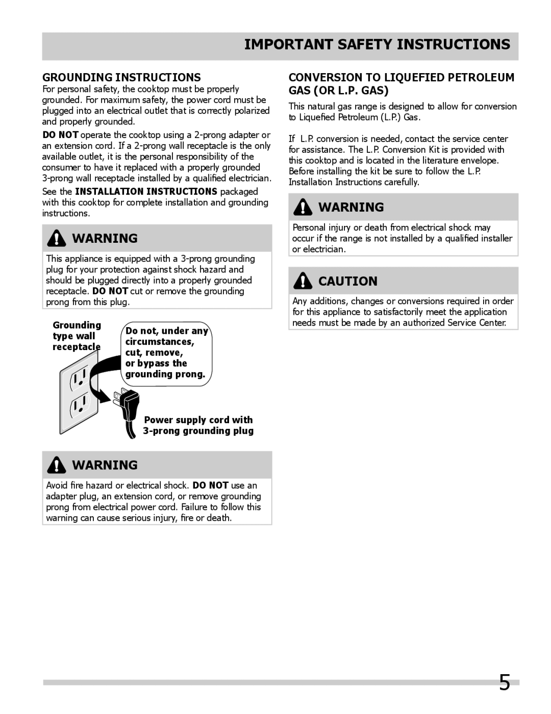 Frigidaire 318203658, FGGC3665KB, FGGC3065KW Grounding Instructions, Conversion to Liquefied Petroleum Gas or L.P. Gas 