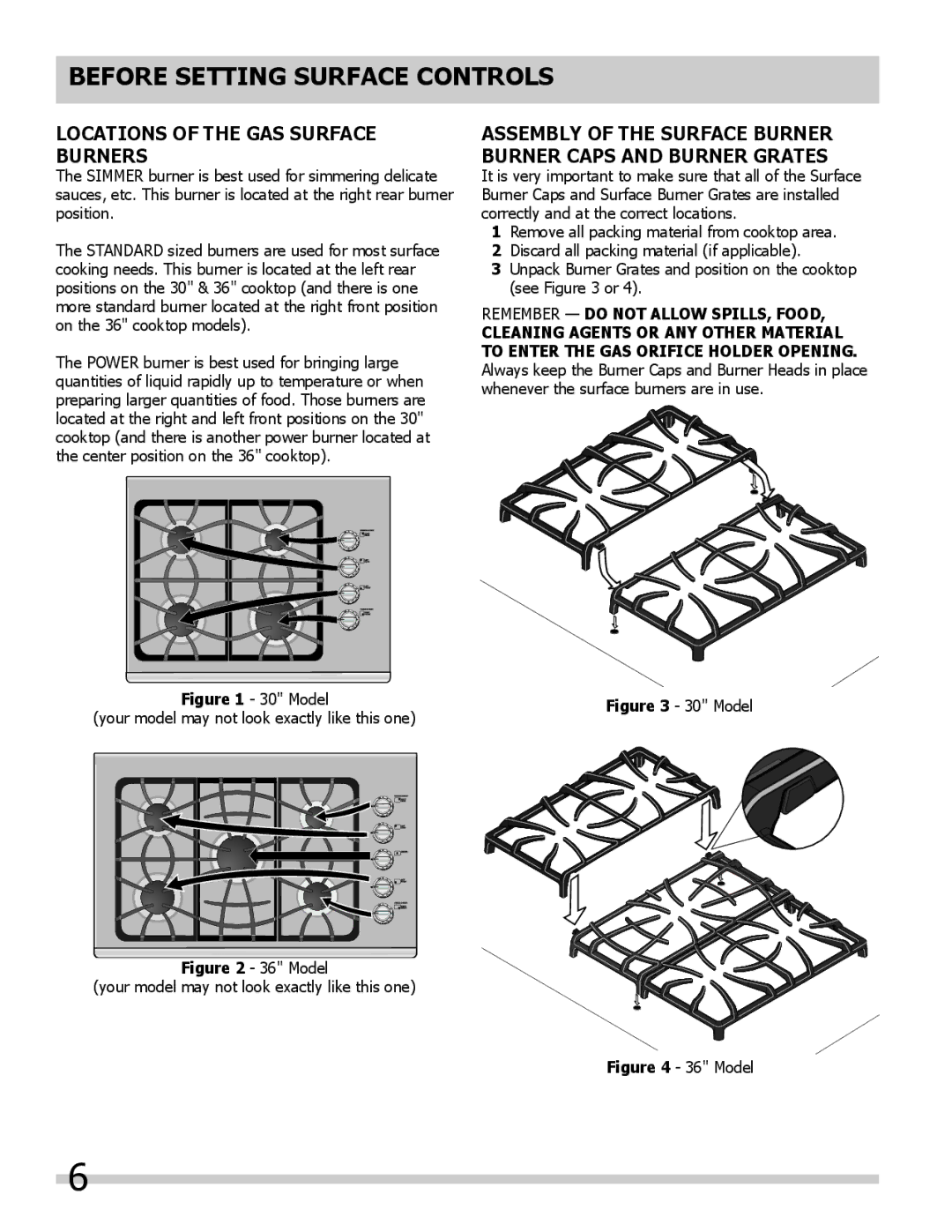 Frigidaire FGGC3665KB, 318203658, FGGC3065KW Before setting surface controls, Locations of the Gas Surface Burners 