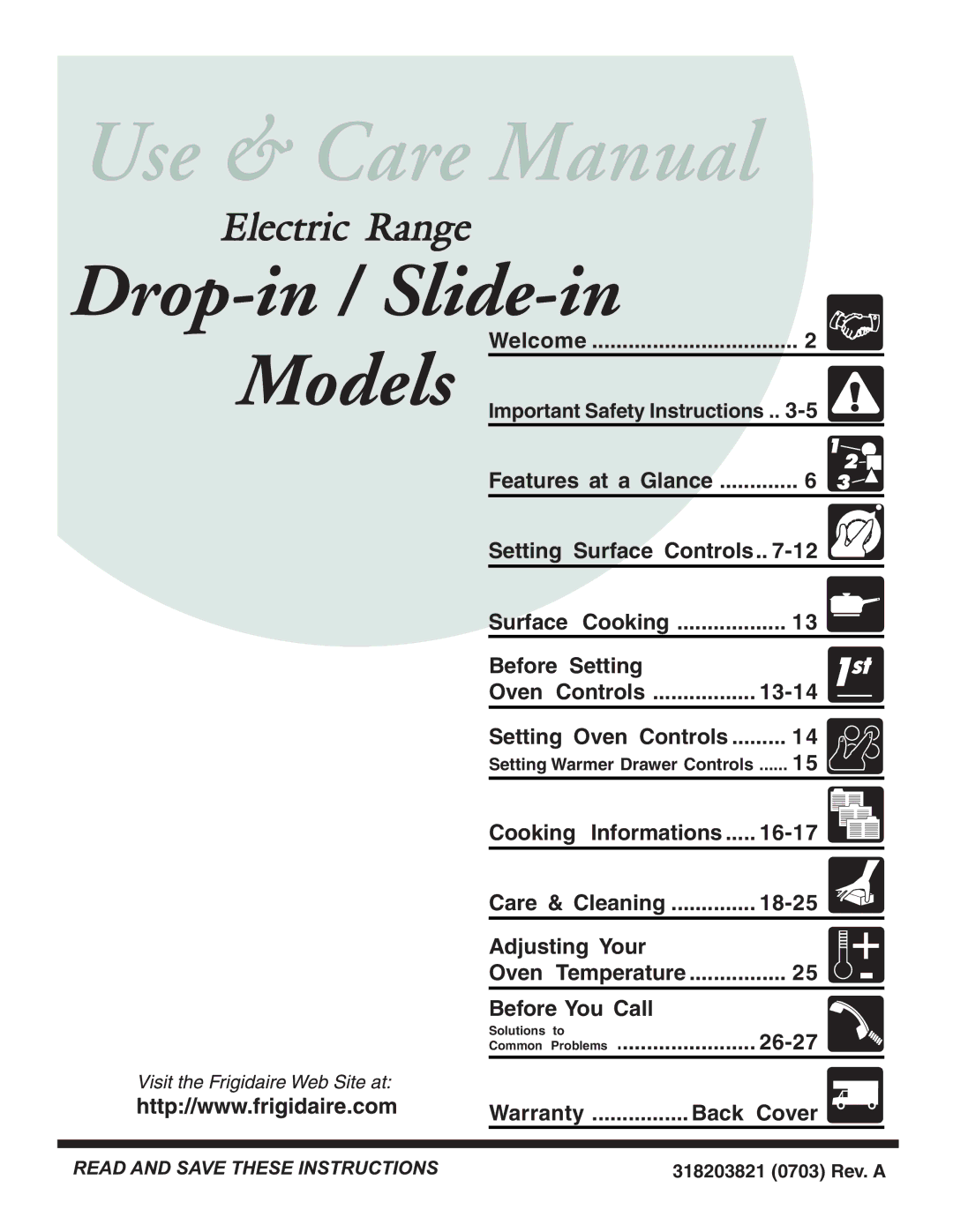 Frigidaire 318203821 warranty Welcome, Before Setting Oven Controls 13-14, Cooking, 16-17, Before You Call, 26-27 