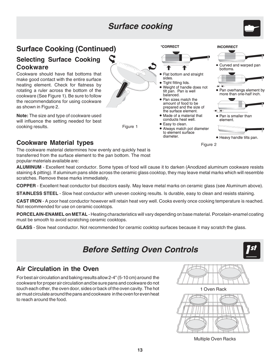 Frigidaire 318203821E warranty Surface cooking, Before Setting Oven Controls, Selecting Surface Cooking Cookware 