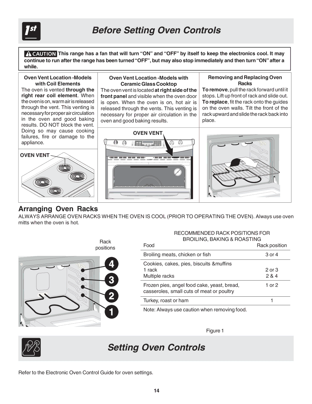 Frigidaire 318203821E Setting Oven Controls, Arranging Oven Racks, Oven Vent Location -Models with Ceramic Glass Cooktop 