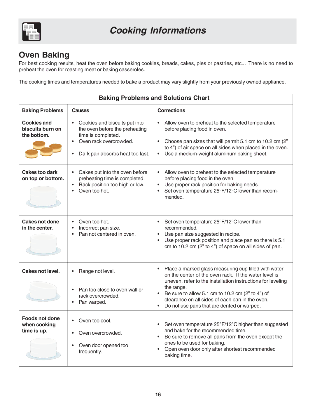 Frigidaire 318203821E warranty Cooking Informations, Baking Problems and Solutions Chart 