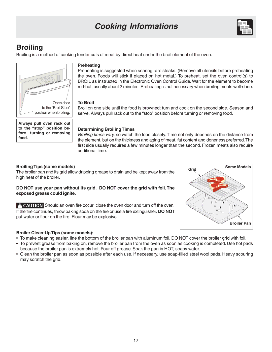 Frigidaire 318203821E warranty Preheating, To Broil, Determining Broiling Times, Broiling Tips some models 