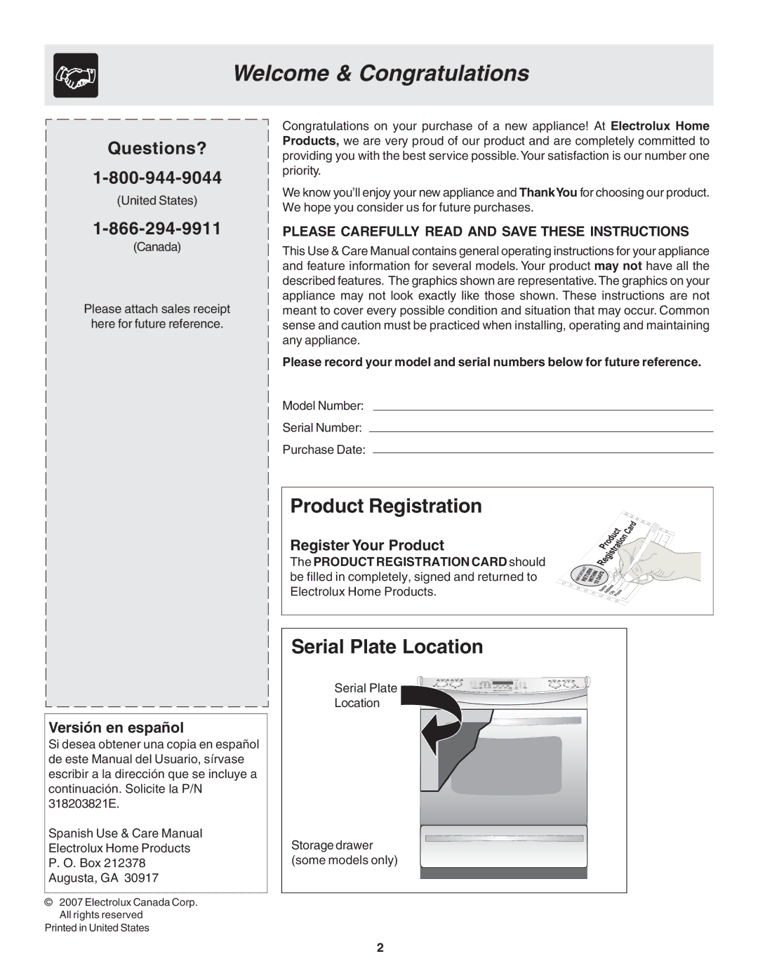 Frigidaire 318203821E warranty Welcome & Congratulations, Questions?, Versión en español, Register Your Product 