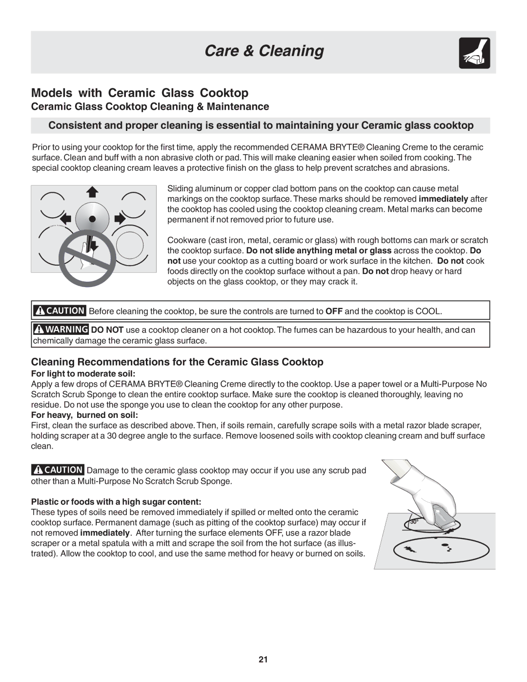 Frigidaire 318203821E warranty Cleaning Recommendations for the Ceramic Glass Cooktop, For light to moderate soil 