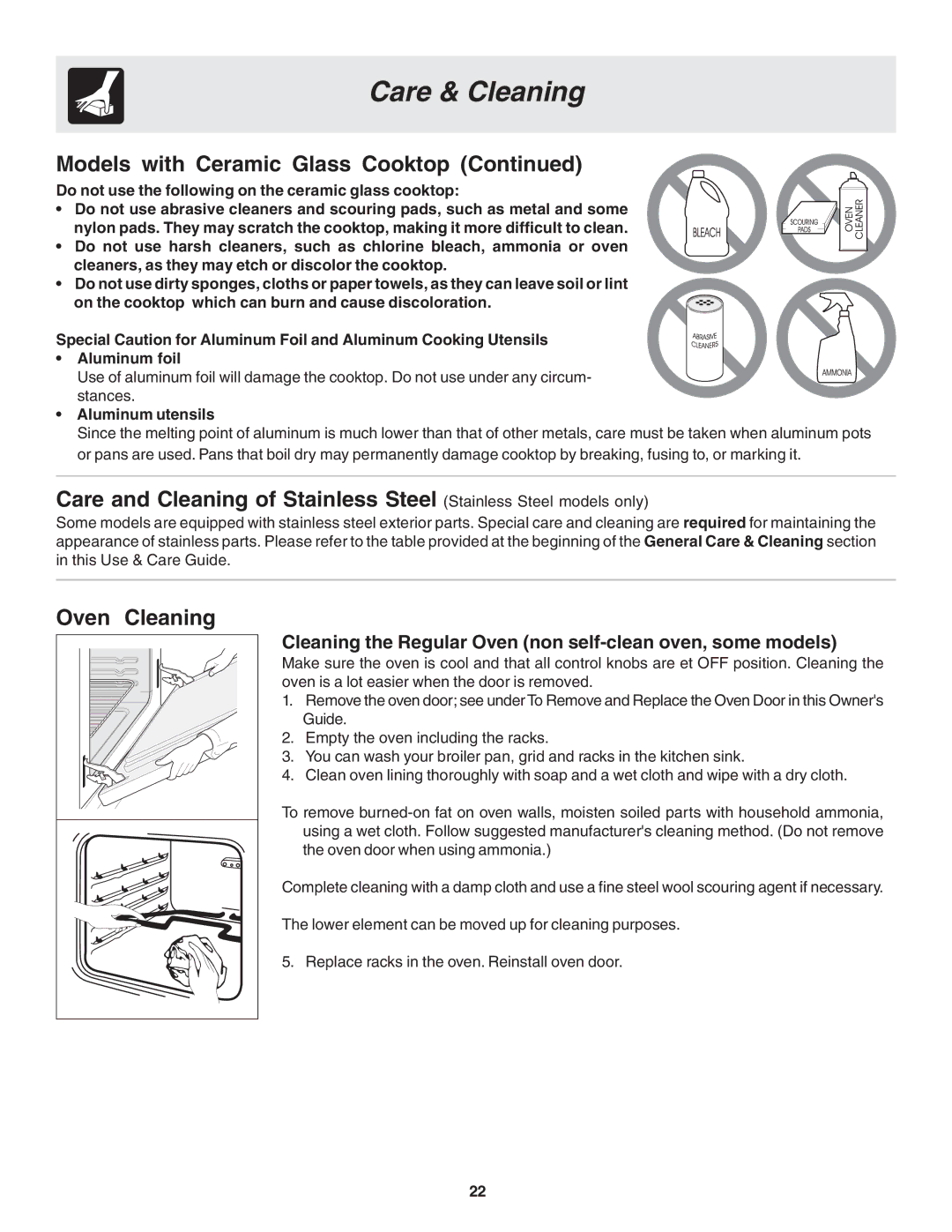 Frigidaire 318203821E warranty Oven Cleaning, Cleaning the Regular Oven non self-clean oven, some models, Aluminum utensils 