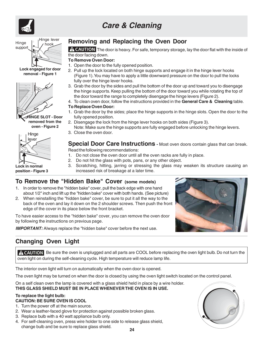 Frigidaire 318203821E warranty Removing and Replacing the Oven Door, To Remove the Hidden Bake Cover some models 