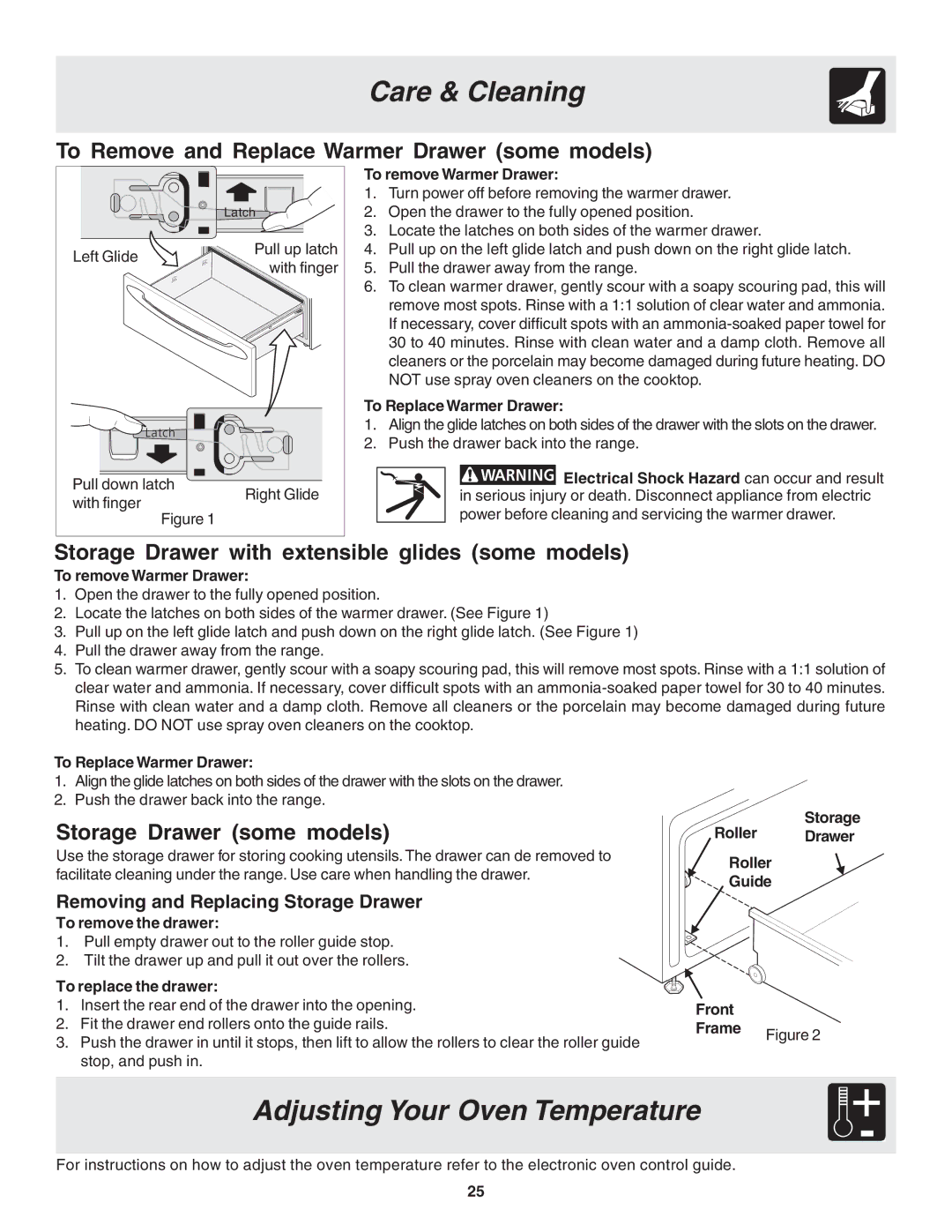 Frigidaire 318203821E warranty Adjusting Your Oven Temperature, To Remove and Replace Warmer Drawer some models 