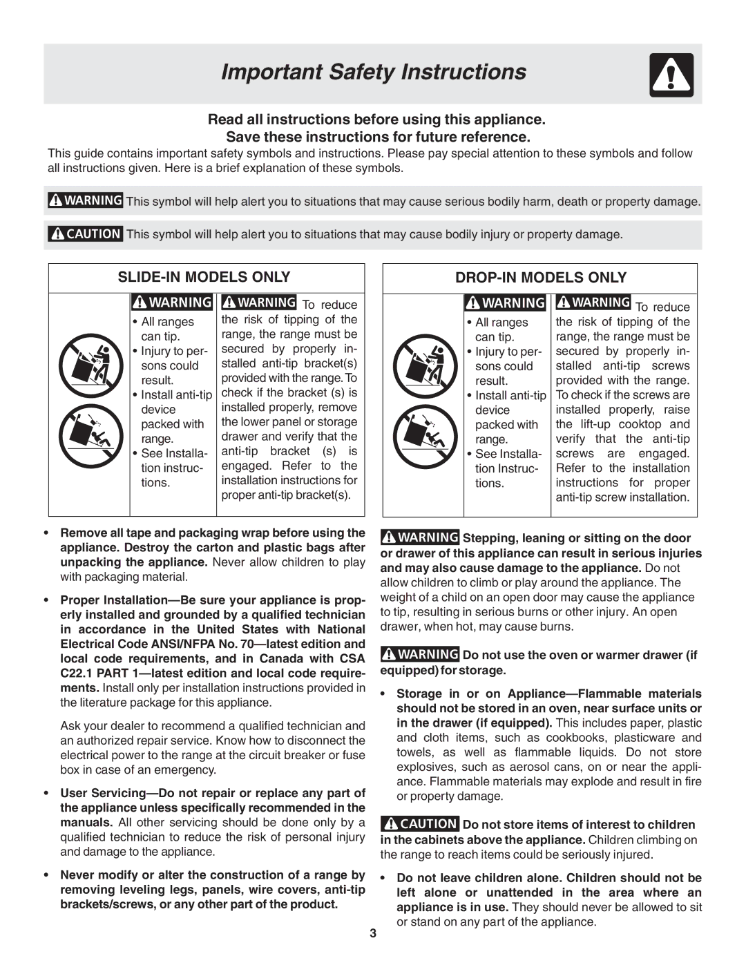 Frigidaire 318203821E warranty Important Safety Instructions, SLIDE-IN Models only 