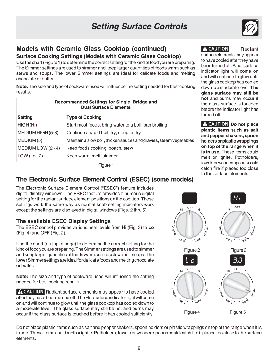 Frigidaire 318203821E warranty Electronic Surface Element Control Esec some models, Available Esec Display Settings 