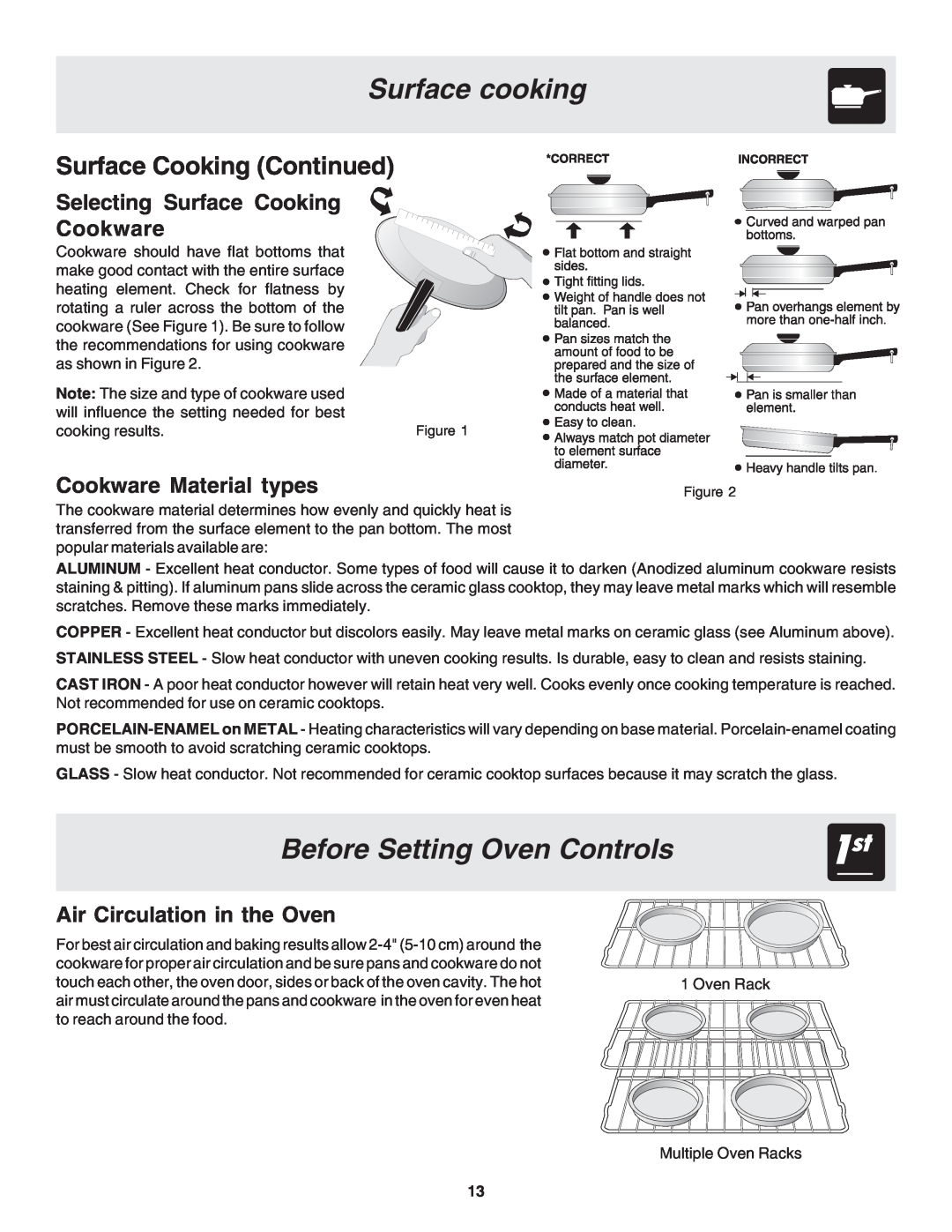 Frigidaire 318203821 Surface cooking, Before Setting Oven Controls, Surface Cooking Continued, Cookware Material types 