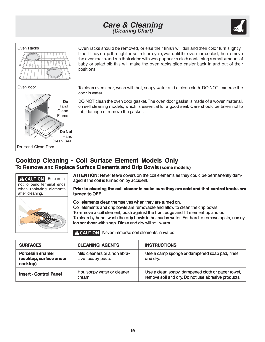 Frigidaire 318203821 Care & Cleaning, Cleaning Chart, Surfaces, Cleaning Agents, Instructions, Porcelain enamel, cooktop 