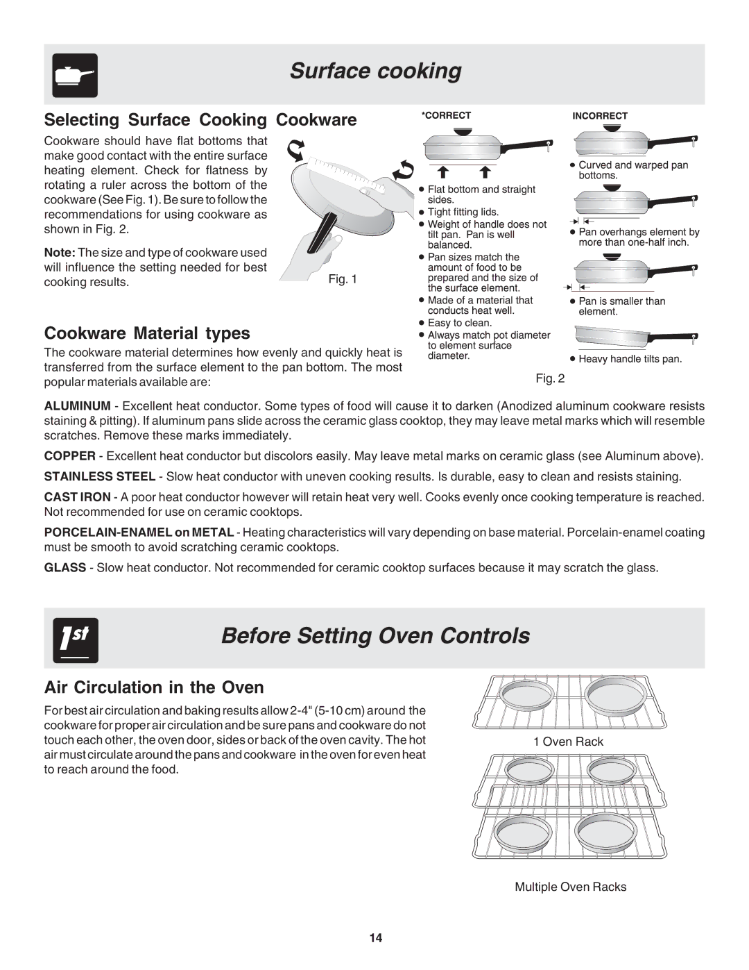 Frigidaire 318203825 warranty Surface cooking, Before Setting Oven Controls, Selecting Surface Cooking Cookware 