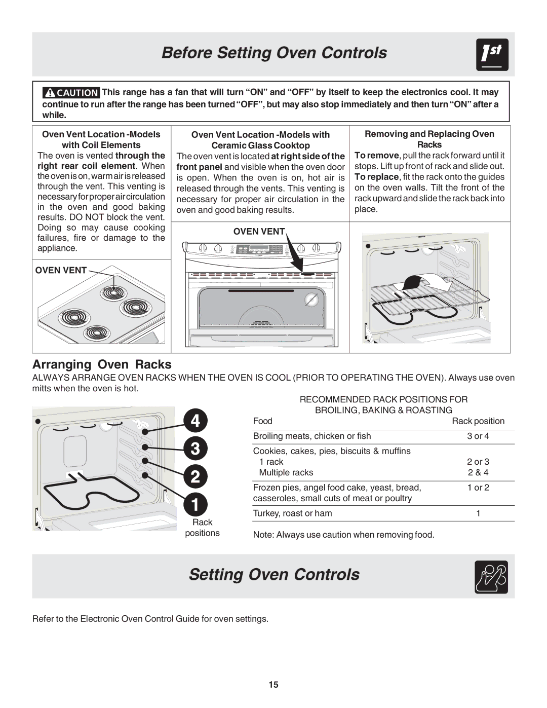 Frigidaire 318203825 Setting Oven Controls, Arranging Oven Racks, Oven Vent Location -Models with Ceramic Glass Cooktop 