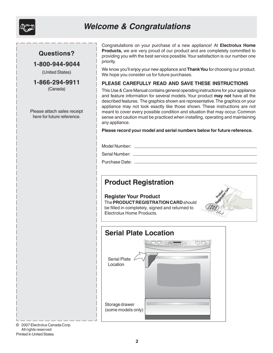 Frigidaire 318203825 warranty Welcome & Congratulations, Questions?, Register Your Product 