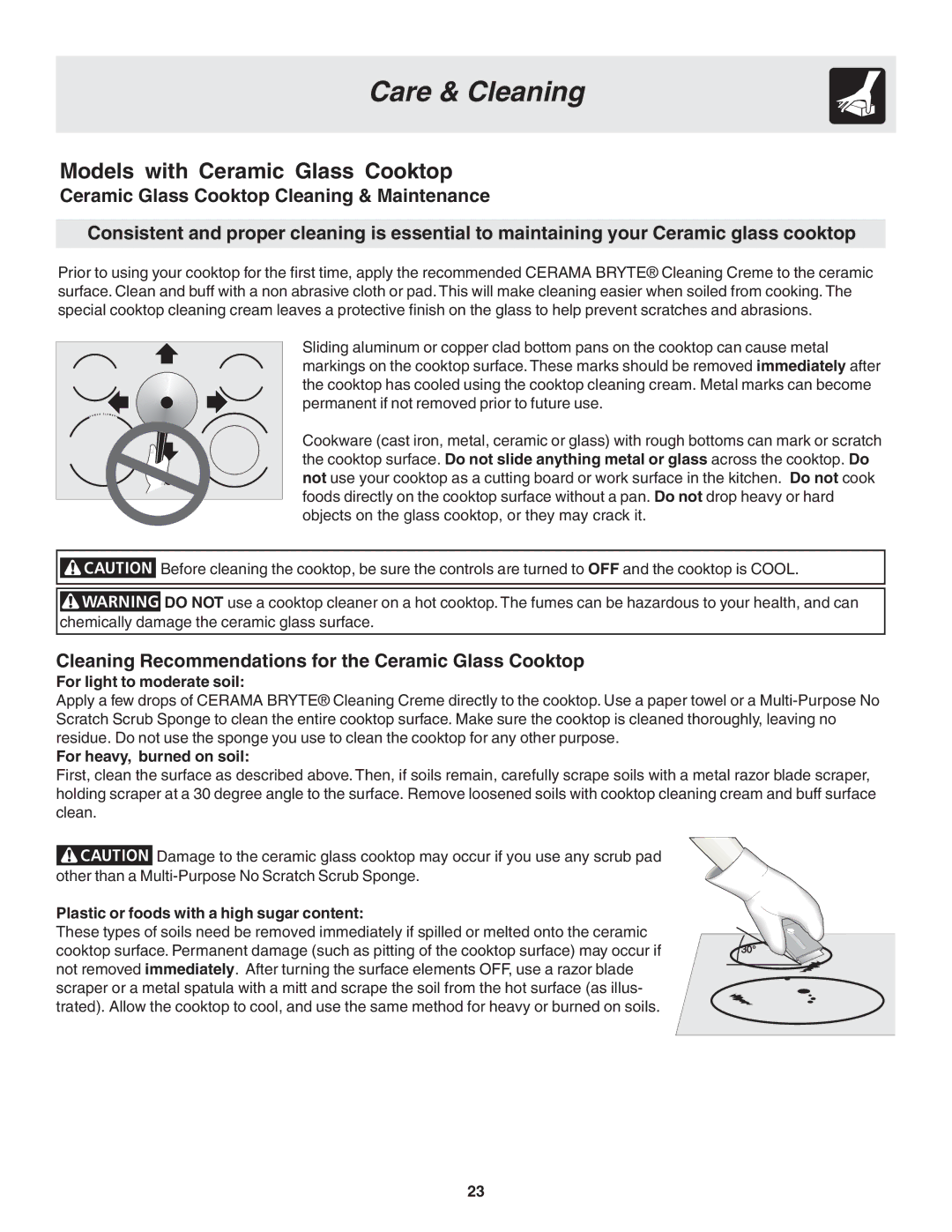 Frigidaire 318203825 warranty Cleaning Recommendations for the Ceramic Glass Cooktop, For light to moderate soil 