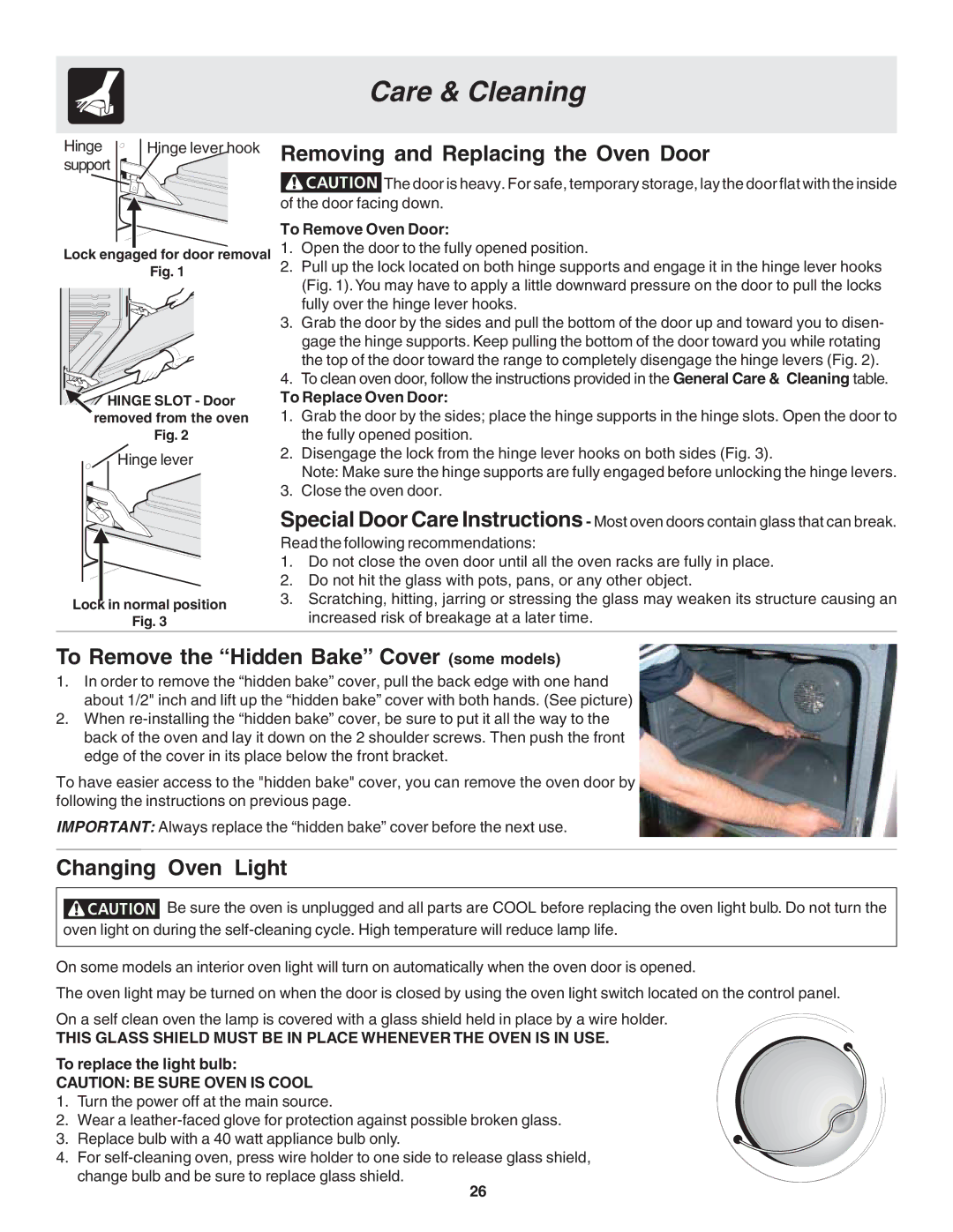 Frigidaire 318203825 warranty Removing and Replacing the Oven Door, To Remove the Hidden Bake Cover some models 