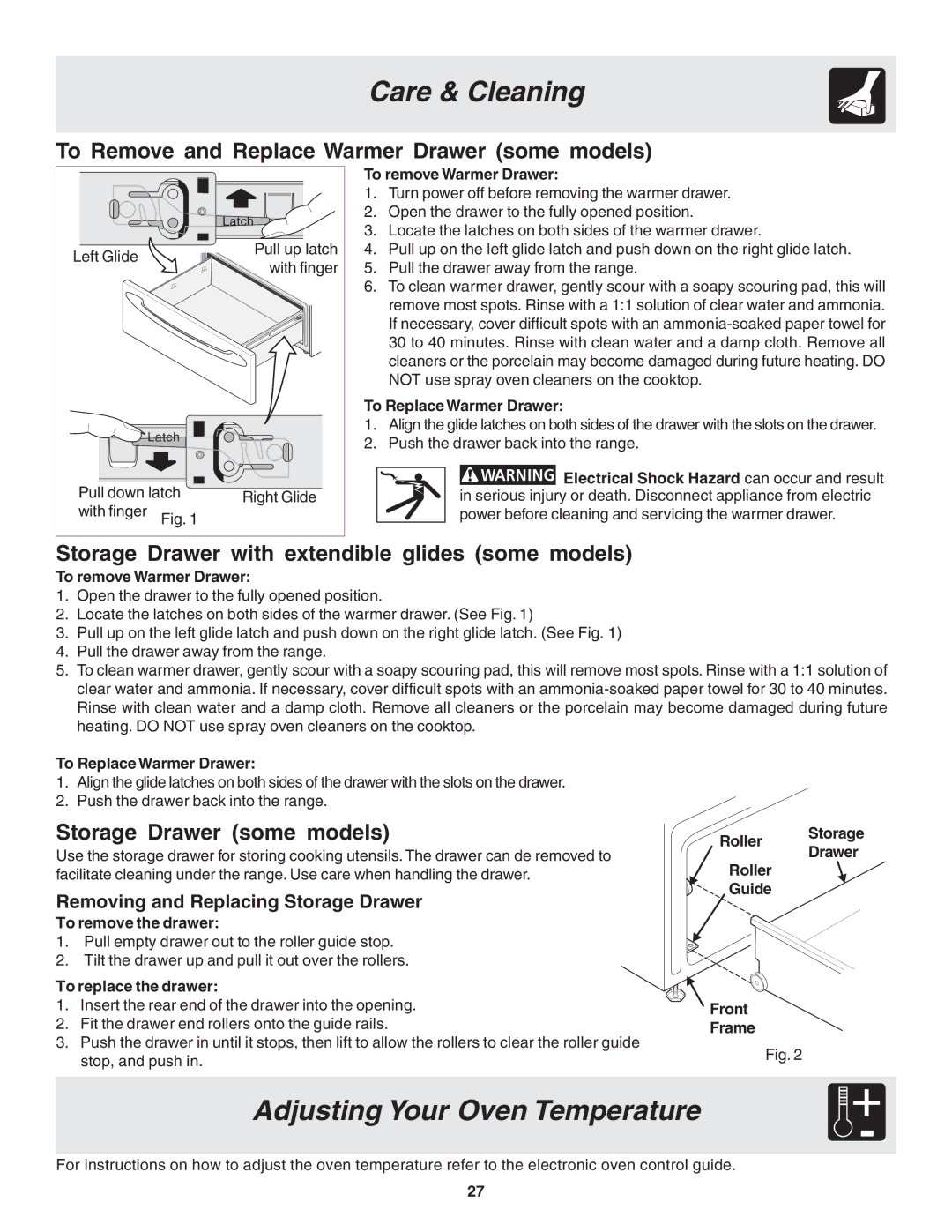 Frigidaire 318203825 warranty Adjusting Your Oven Temperature, To Remove and Replace Warmer Drawer some models 