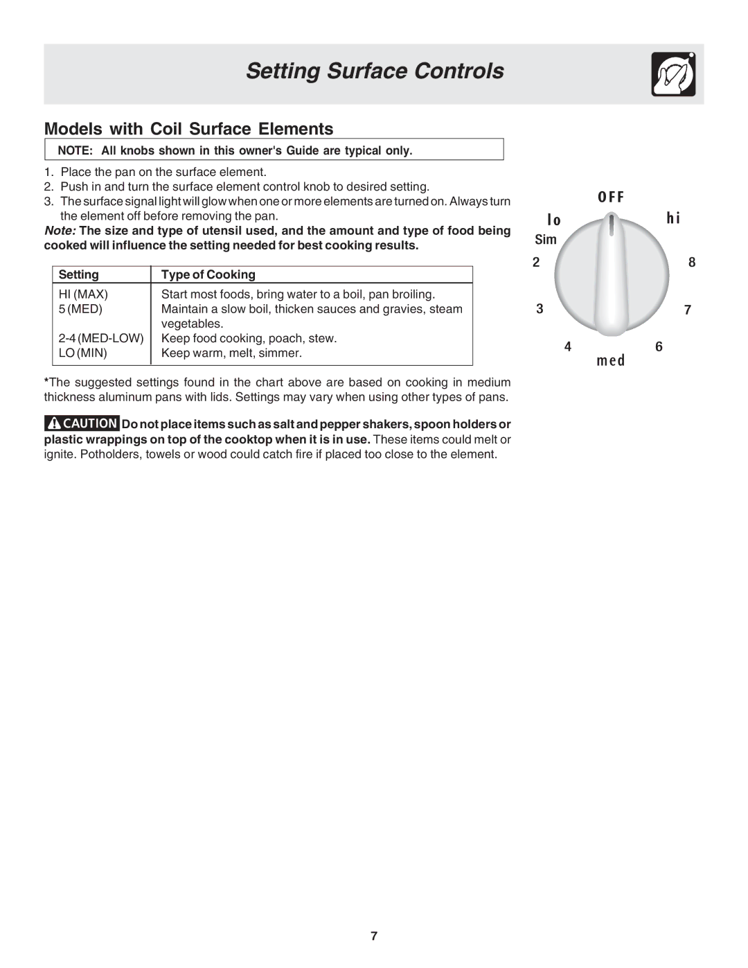 Frigidaire 318203825 warranty Setting Surface Controls, Models with Coil Surface Elements, Setting Type of Cooking 