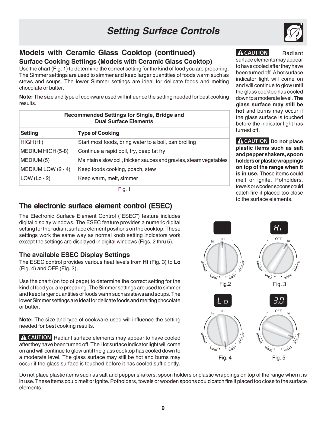 Frigidaire 318203825 Electronic surface element control Esec, Surface Cooking Settings Models with Ceramic Glass Cooktop 