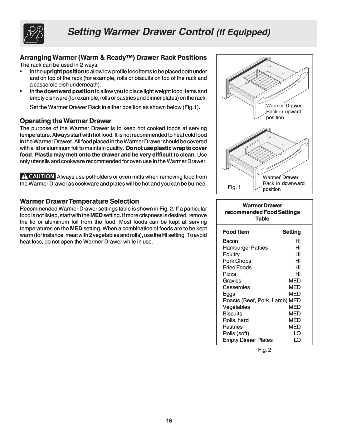 Frigidaire 318203825 warranty Setting Warmer Drawer Control If Equipped, Operating the Warmer Drawer, Food Item 