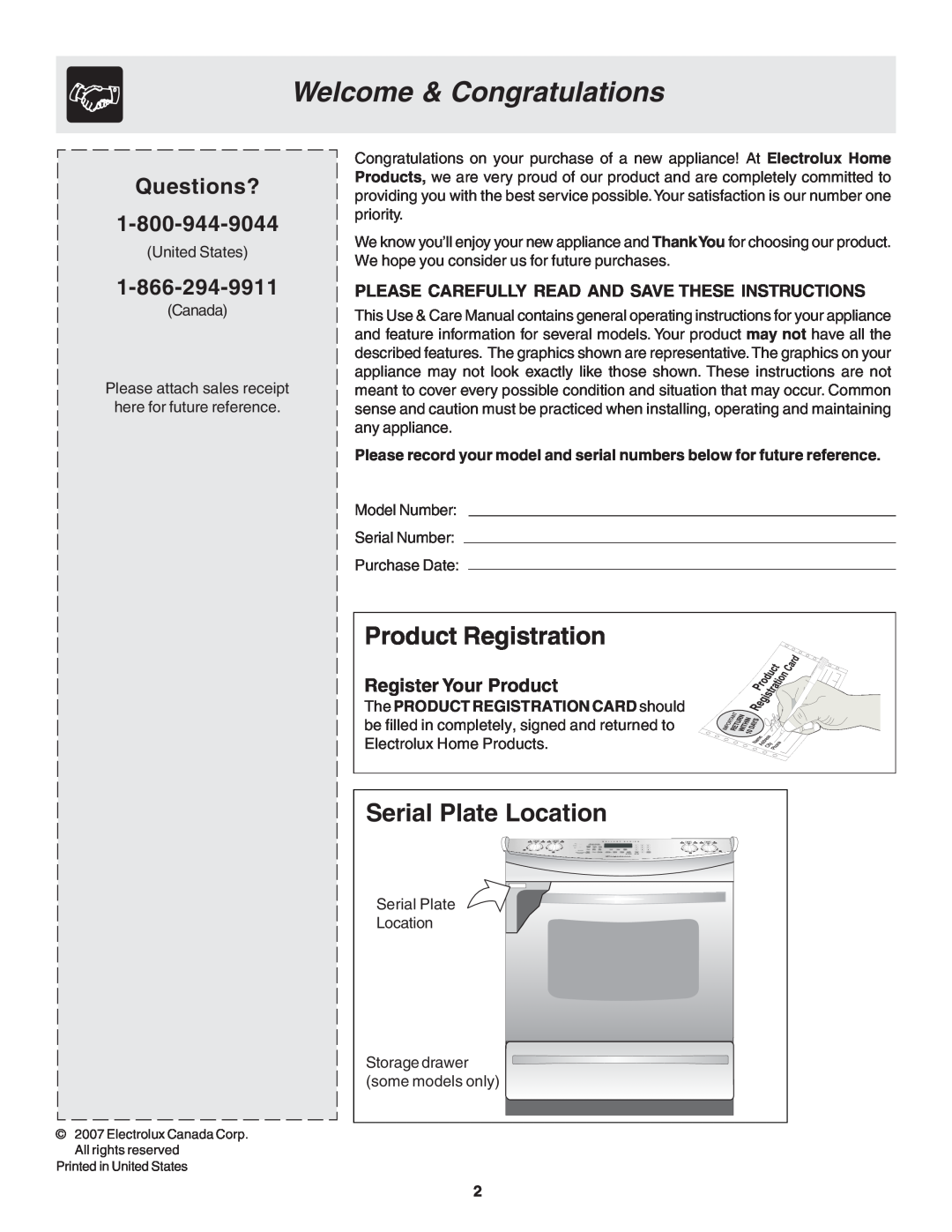 Frigidaire 318203825 warranty Welcome & Congratulations, Product Registration, Serial Plate Location, Register Your Product 