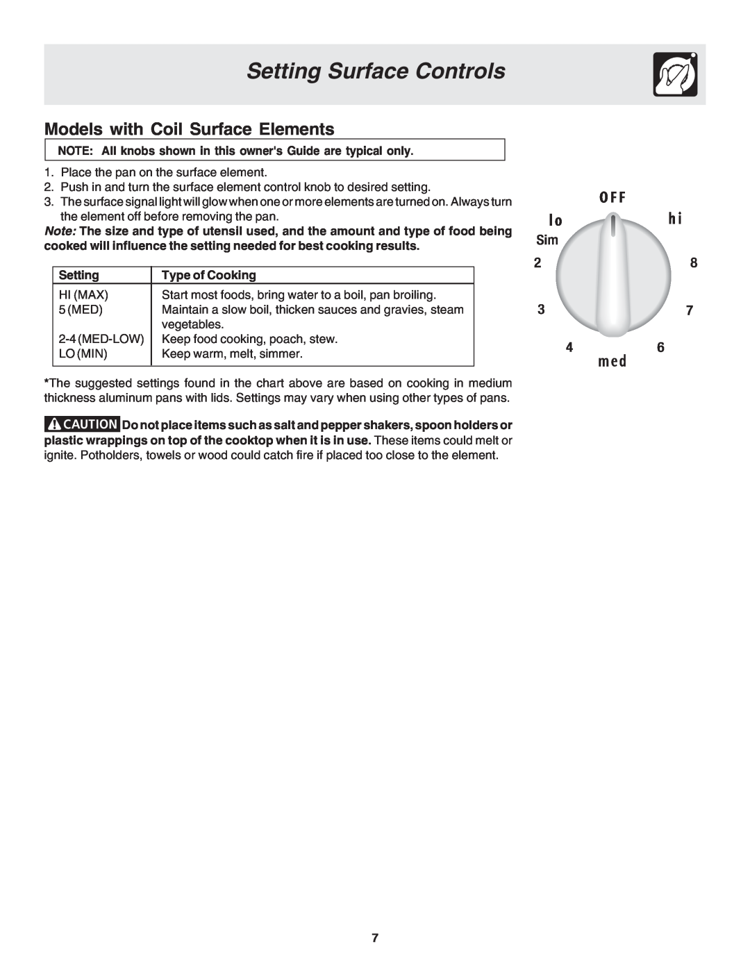 Frigidaire 318203825 warranty Setting Surface Controls, Models with Coil Surface Elements, Type of Cooking 