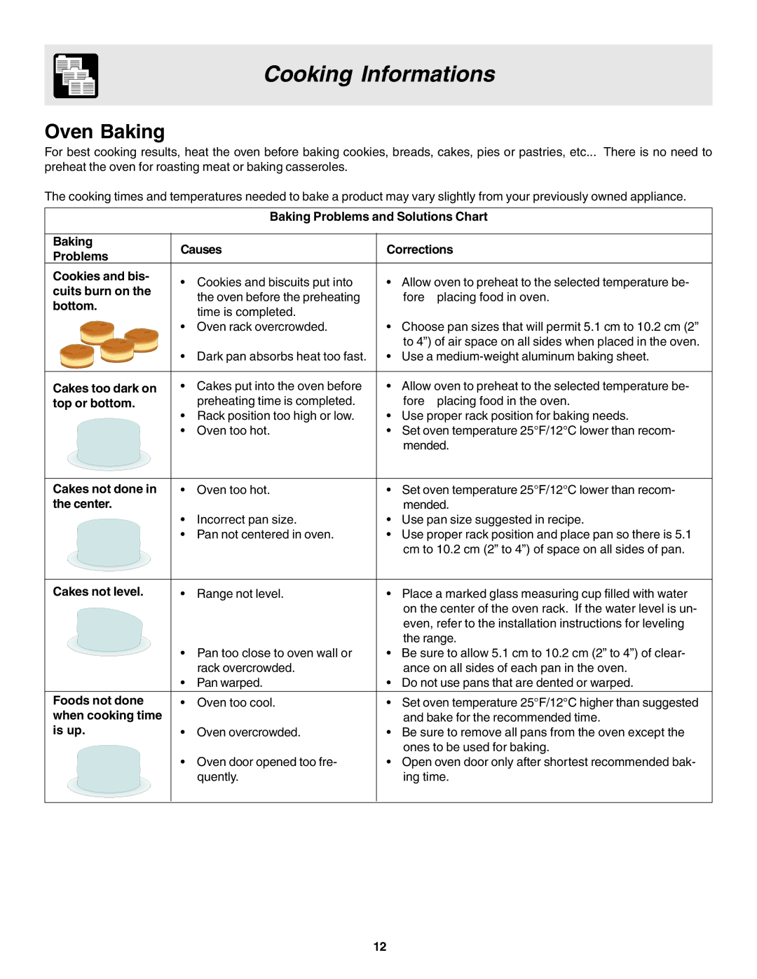 Frigidaire 318203858 warranty Cooking Informations, Oven Baking 