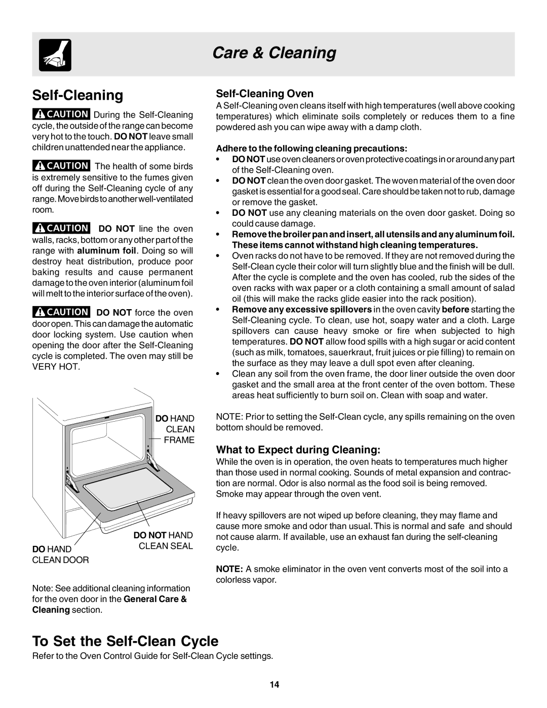 Frigidaire 318203858 Care & Cleaning, To Set the Self-Clean Cycle, Self-Cleaning Oven, What to Expect during Cleaning 