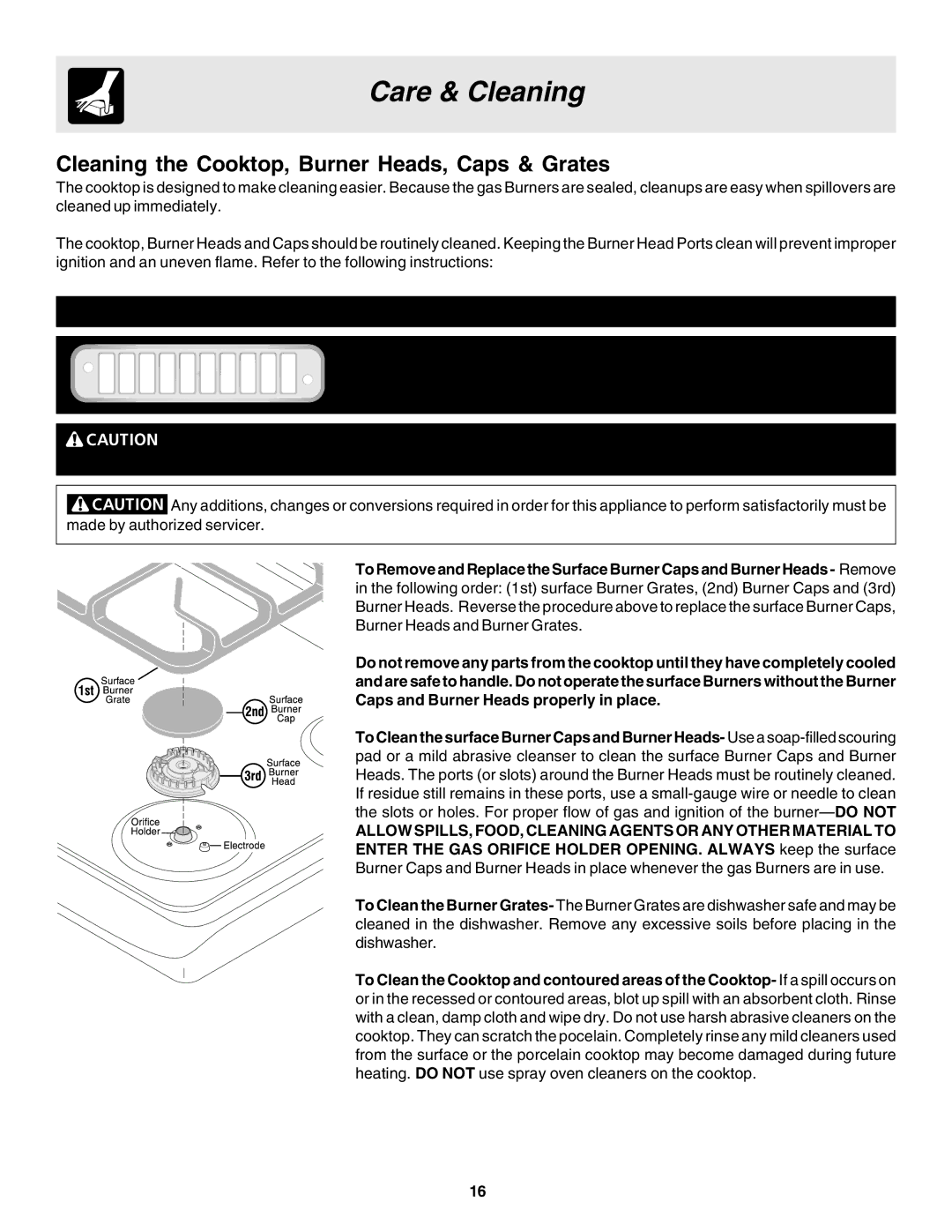 Frigidaire 318203858 warranty Cleaning the Cooktop, Burner Heads, Caps & Grates 