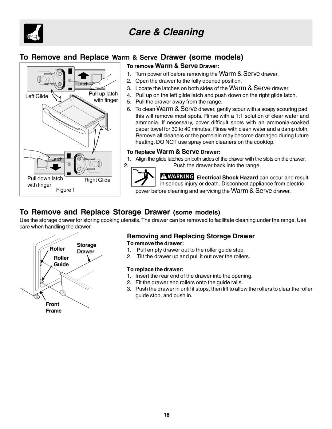 Frigidaire 318203858 warranty To Remove and Replace Warm & Serve Drawer some models, Removing and Replacing Storage Drawer 