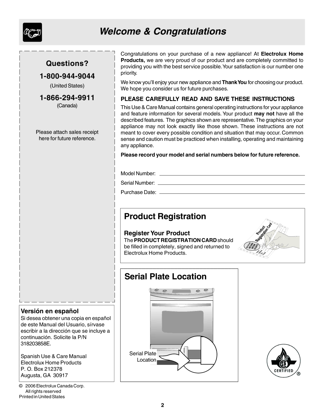 Frigidaire 318203858 warranty Welcome & Congratulations, Product Registration, Serial Plate Location, Questions? 