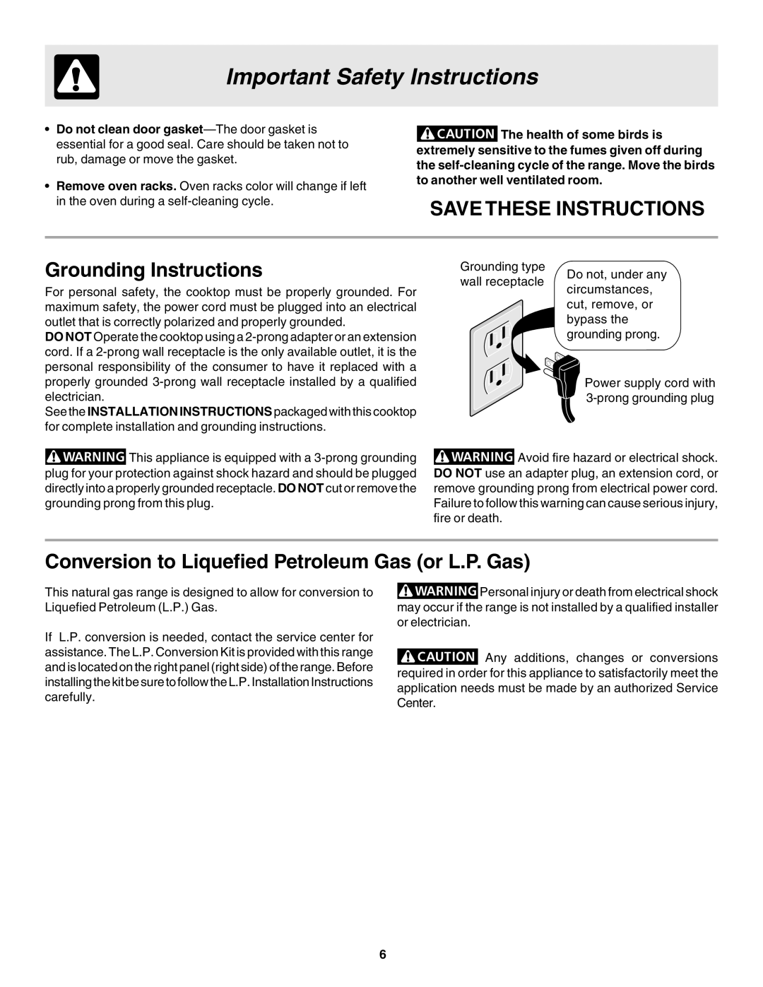 Frigidaire 318203858 warranty Grounding Instructions, Conversion to Liquefied Petroleum Gas or L.P. Gas 