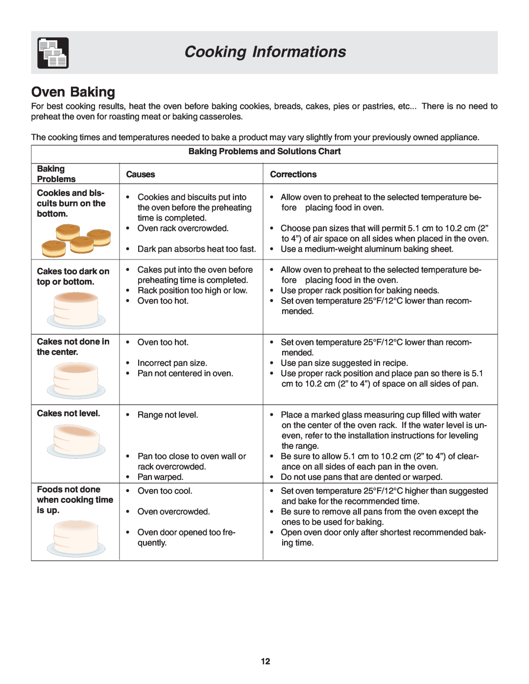 Frigidaire 318203858 warranty Cooking Informations, Oven Baking 