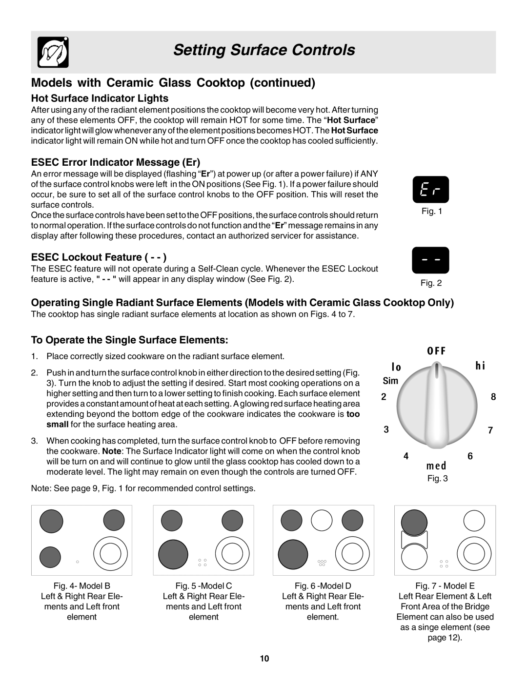 Frigidaire 318203860 warranty Hot Surface Indicator Lights, Esec Error Indicator Message Er, Esec Lockout Feature 