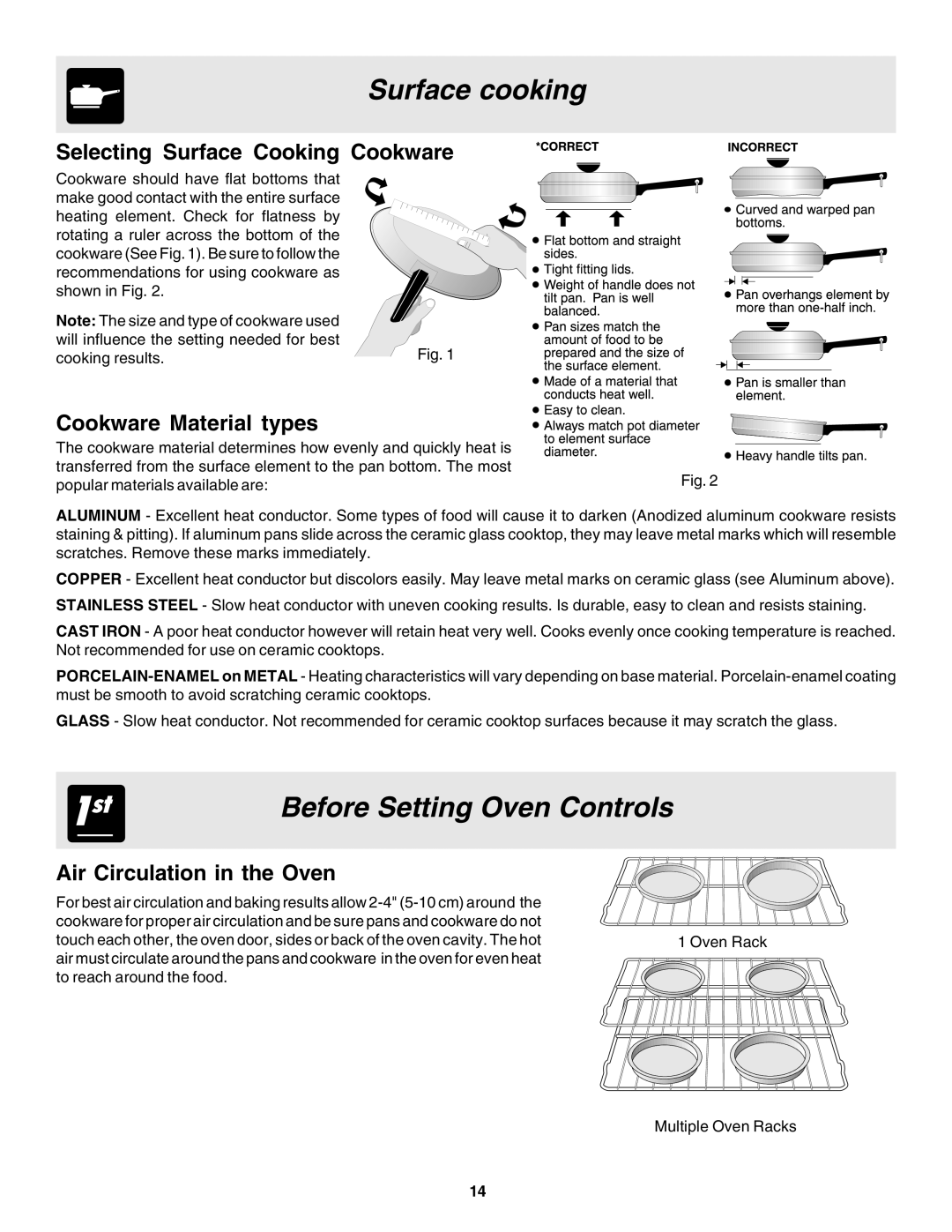 Frigidaire 318203860 warranty Surface cooking, Before Setting Oven Controls, Selecting Surface Cooking Cookware 