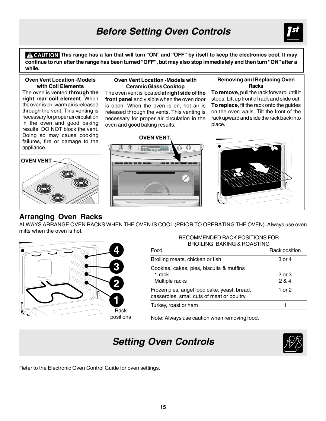 Frigidaire 318203860 Setting Oven Controls, Arranging Oven Racks, Oven Vent Location -Models with Ceramic Glass Cooktop 