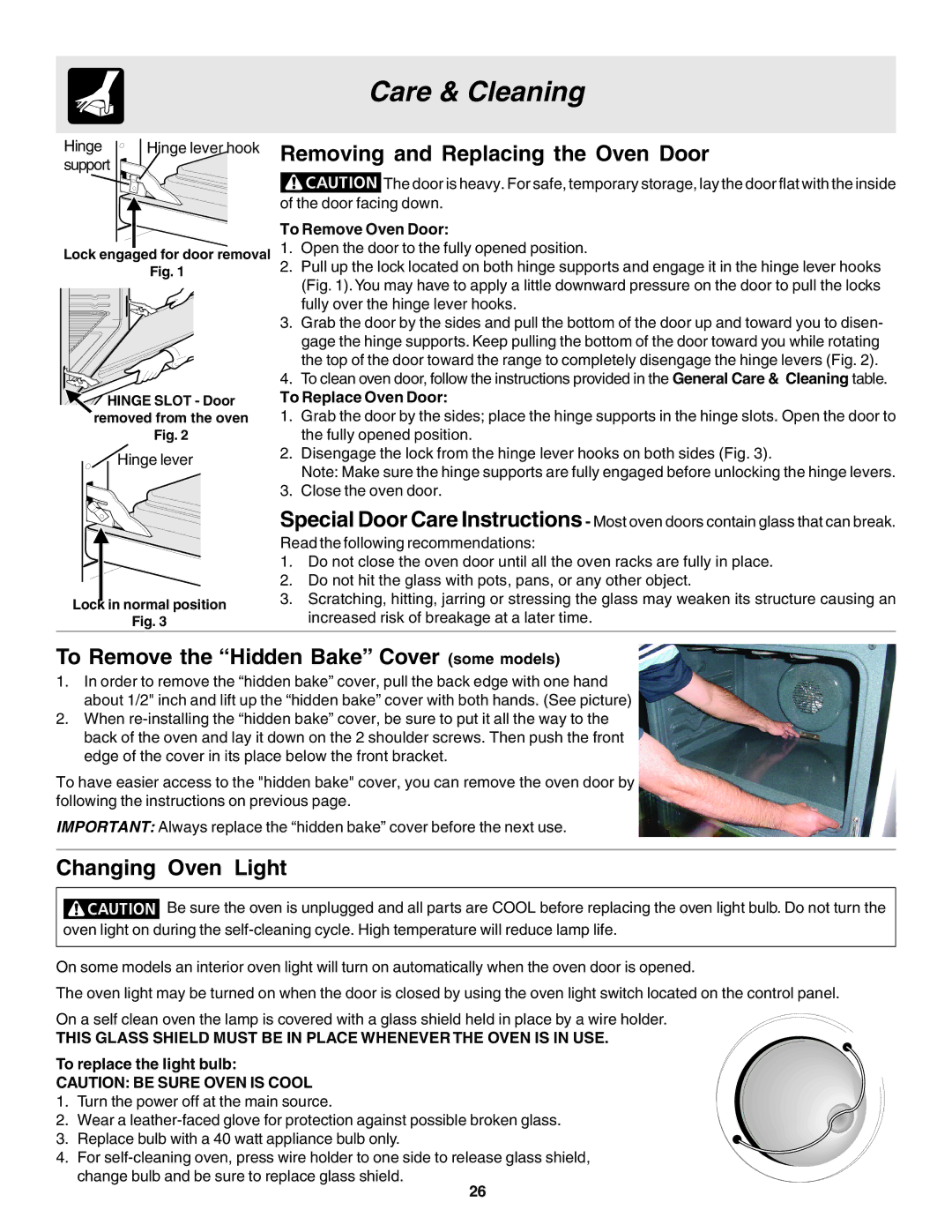 Frigidaire 318203860 warranty Removing and Replacing the Oven Door, To Remove the Hidden Bake Cover some models 