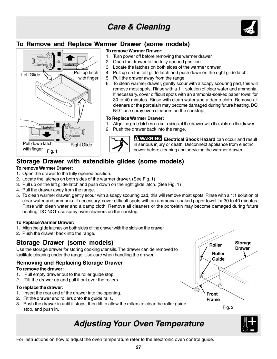 Frigidaire 318203860 warranty Adjusting Your Oven Temperature, To Remove and Replace Warmer Drawer some models 