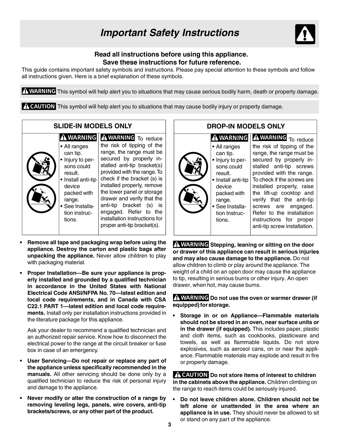 Frigidaire 318203860 warranty Important Safety Instructions, SLIDE-IN Models only 