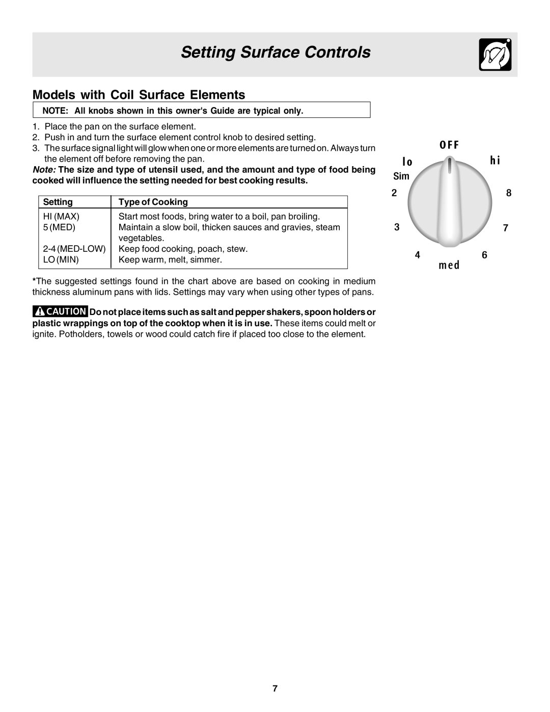 Frigidaire 318203860 warranty Setting Surface Controls, Models with Coil Surface Elements, Setting Type of Cooking 